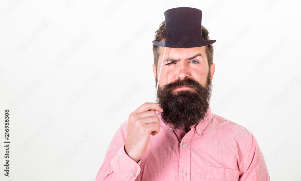 Guaranteed ways appear smarter than you are. Great to be smart but intelligence is hard thing to pin down. Man bearded hipster hold cardboard top hat to look smarter and serious on white background