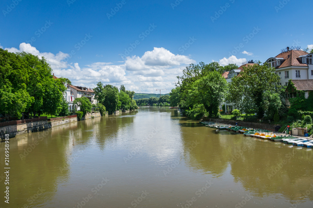 Germany, Many rental boats on neckar river inm the middle of Tuebingen