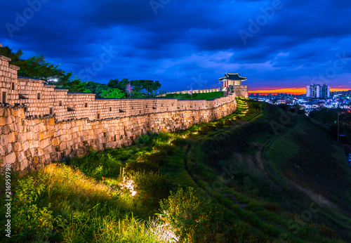 Hwaseong Fortress in Suwon, Hwaseong Fortress is the wall surrounding the center of Suwon. photo