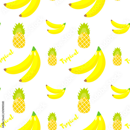 Seamless pattern. Tropical ornament yellow bananas and pineapples