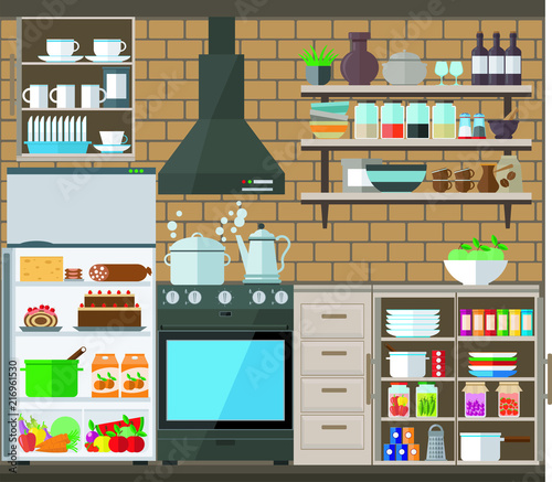 Comfortable and cozy kitchen with many cabinets, stove and utensils. Vector illustration of interior kitchen set.