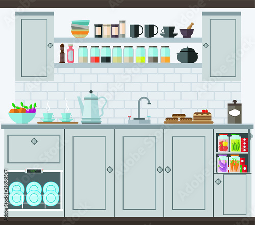 Comfortable and bright kitchen with sink, shelves and furniture. Kitchen set, vector illustration.