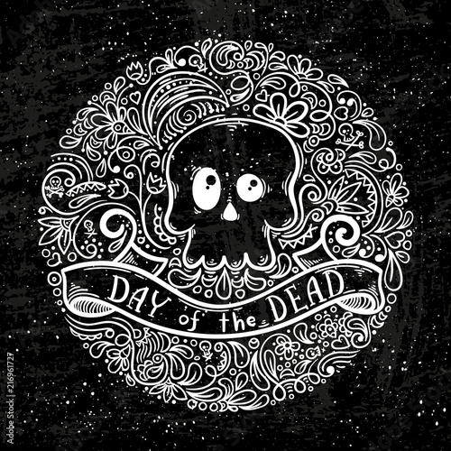 Illustration with the Day of the Dead lettering and skull on pattern background.