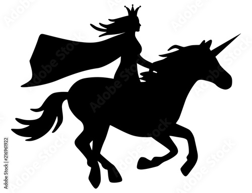 Prinzessin reitet auf Einhorn / schwarz-weiß, Vektor, freigestellt