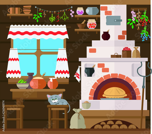 Interior of russian village house with Russian stove. Traditional farm house kitchen. Happy cat dozing on a chair.