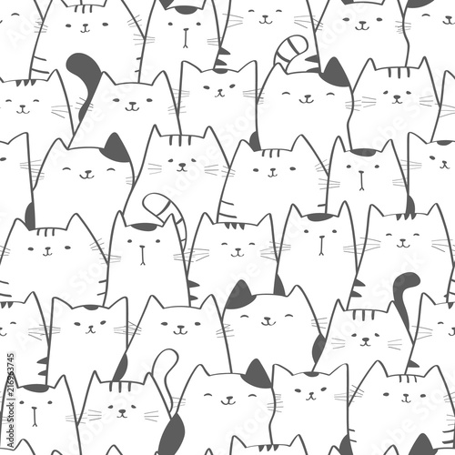 Vector seamless pattern with cute cats. Doodle art. Cat seamless hand drawn background
