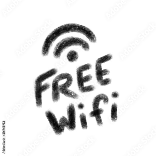 Free wifi icon. Black hand drawn text on white background.