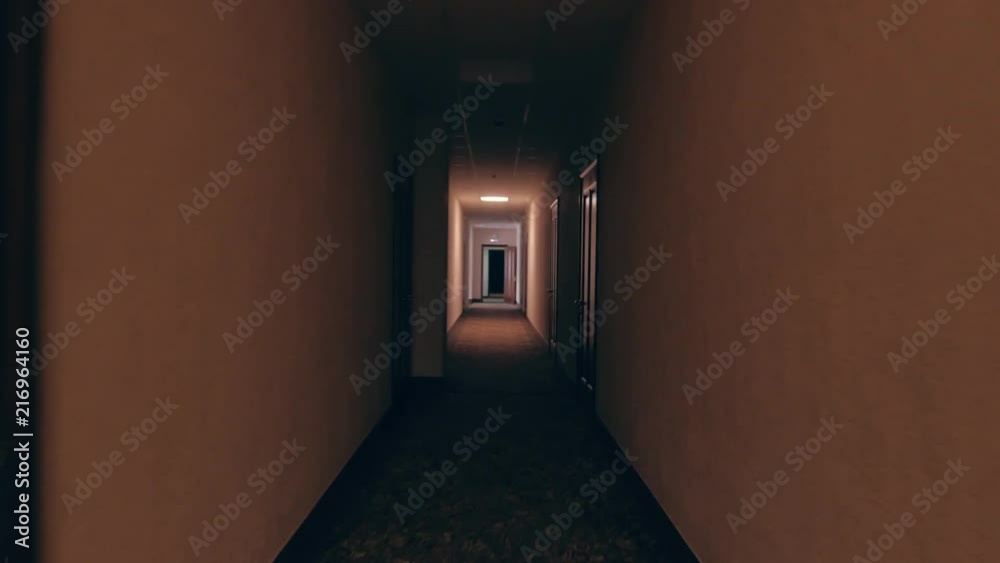 first person view, going through empty dark corridor in apartment building with doors