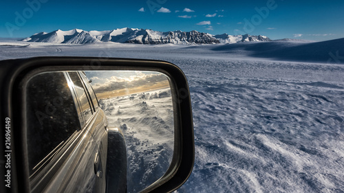 Iceland - Superjeep blizzard rear view in mirror