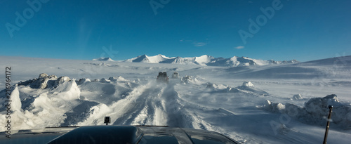 Iceland - Inside Superjeep in snow storm on sunny day