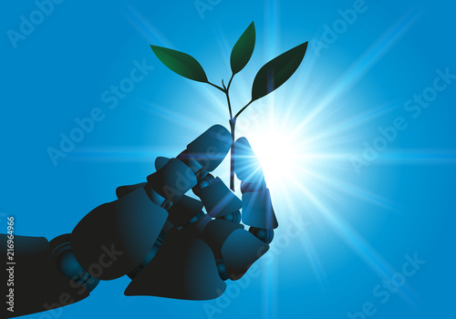 robot - plante - main - technologie - futur - agriculture - main artificielle - écologie - avenir