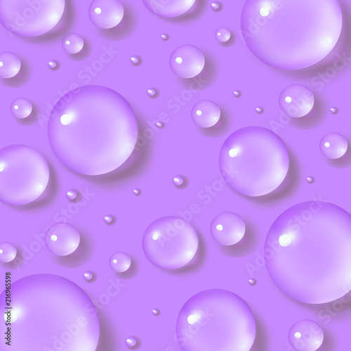 Drops of water. Abstract violet liquid background. 3d realistic vector illustration. Realism style. Macro