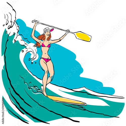 Woman doing Stand Up Paddling on Paddle Board on Water at Seaside.