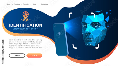 Website page layout. Identification of a person through the system of recognition of a human face. The smartphone scans the person's face. Vector illustration Eps10