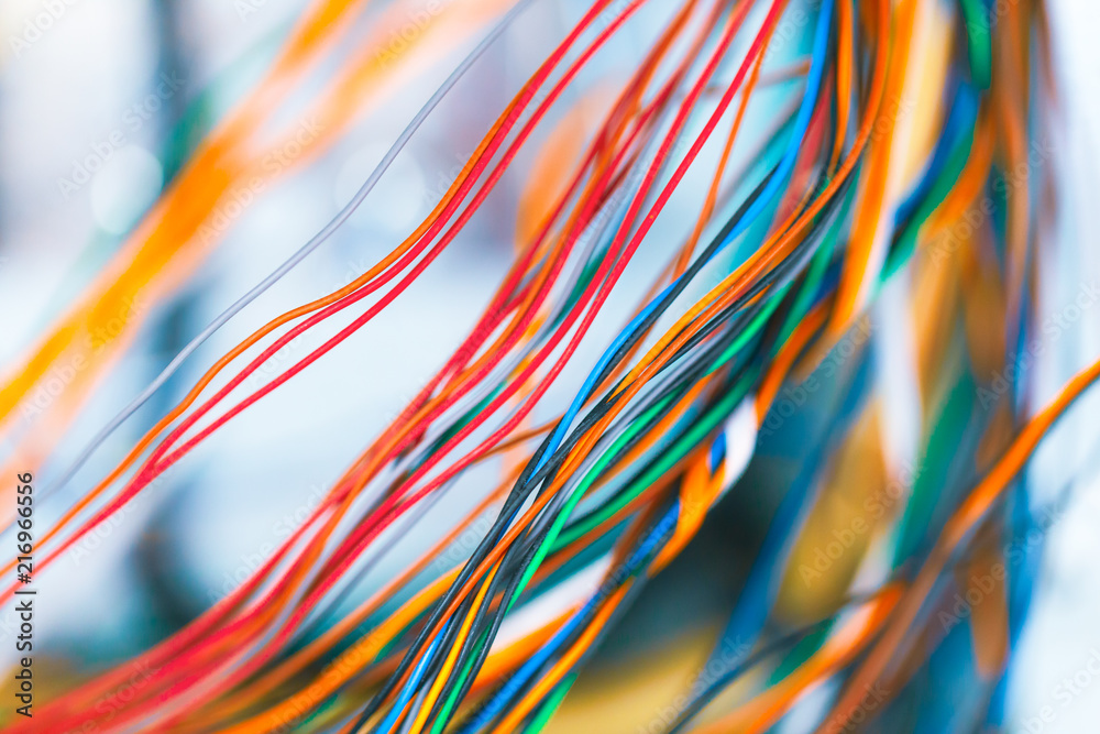 Colorful telephone cable communication technology lines closeup