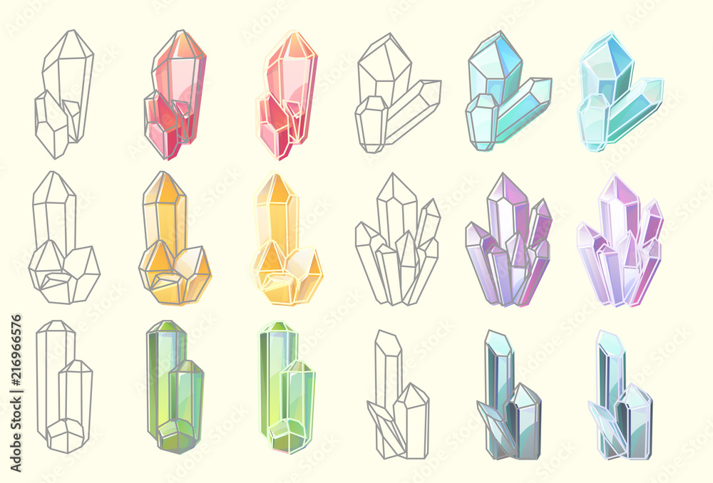 Set of isolated shiny diamonds and gems structure Set of isolated shiny diamonds and gems structure