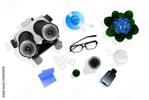 Top view on the table with education tools for chemistry or biology. Vector illustration isolated on white, cartoon style