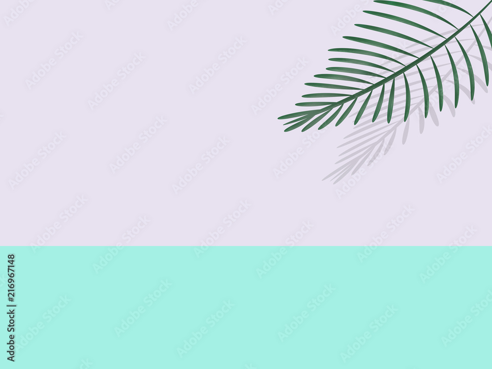 Fototapeta text area in pink and mint with exotic palm leaf in 3D with shadow
