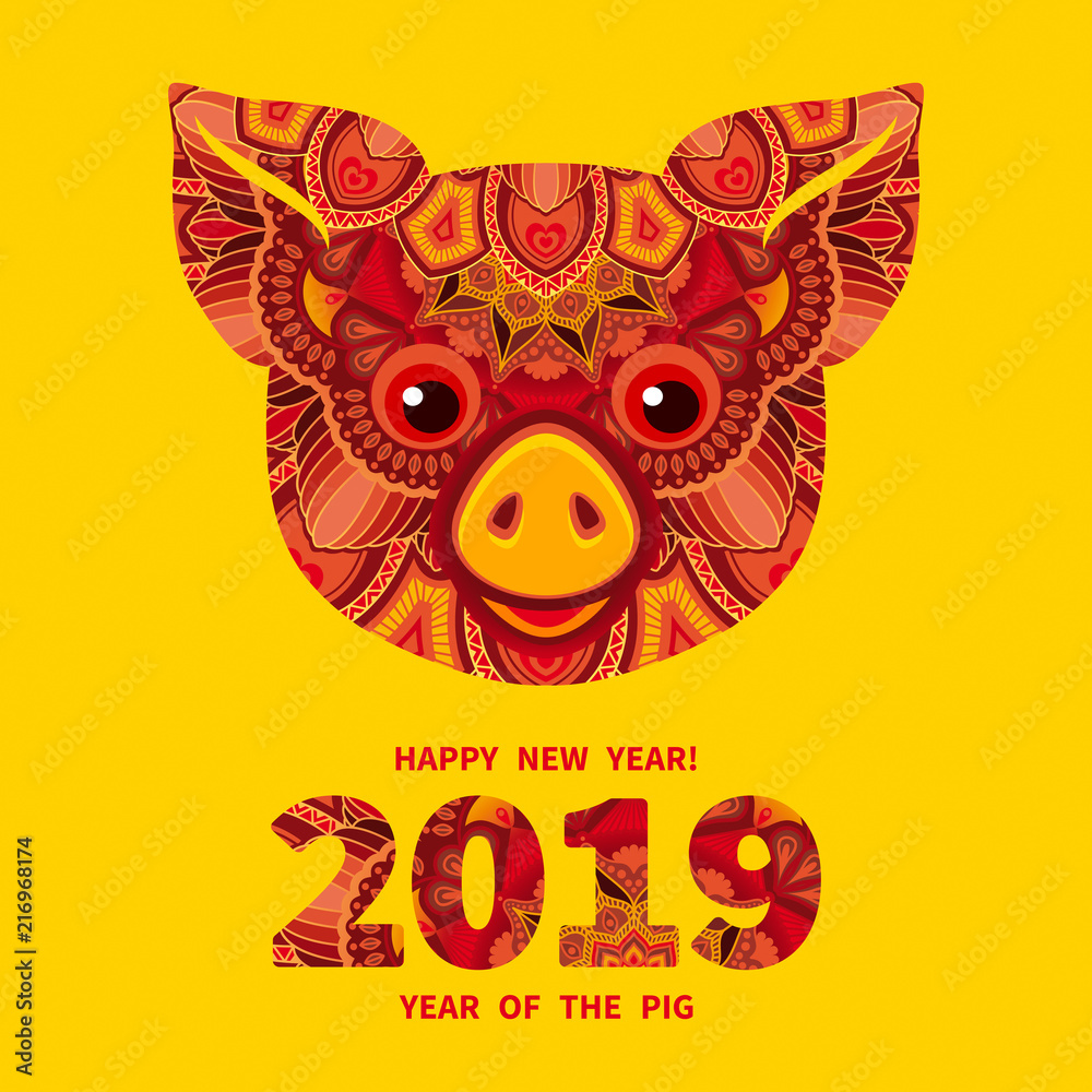 Fototapeta premium Pig is a symbol of the 2019 Chinese New Year. Decorative ornamented zodiac sign Pig on yellow background