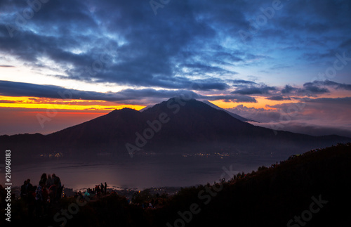 volcano Batur, Bali island, Indonesia. Sunrise, cloudy weather