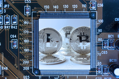 Abstract crypto currency silver coins  motherboard