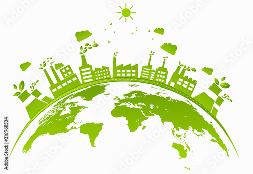 Ecology concept with green city on earth. sustainable development World environment concept, vector illustration