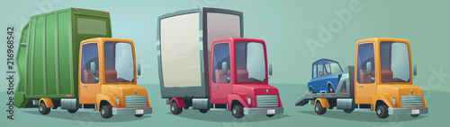 Set of retro trucks. Truck, garbage truck, TOW truck