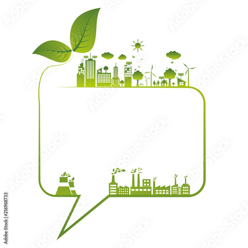 Ecology concept with green city on earth. sustainable development World environment concept, vector illustration