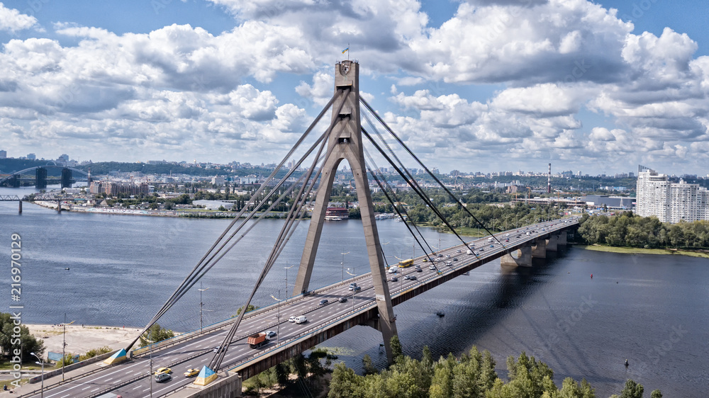Kiev bridge Fursy in sunny weathering from the air Kiev bridge Fursy in sunny weathering from the air