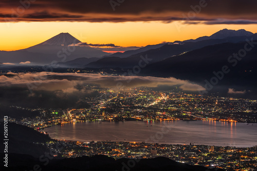 諏訪湖 朝焼け 富士山
