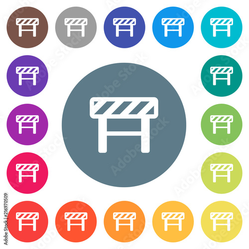 Construction barrier flat white icons on round color backgrounds