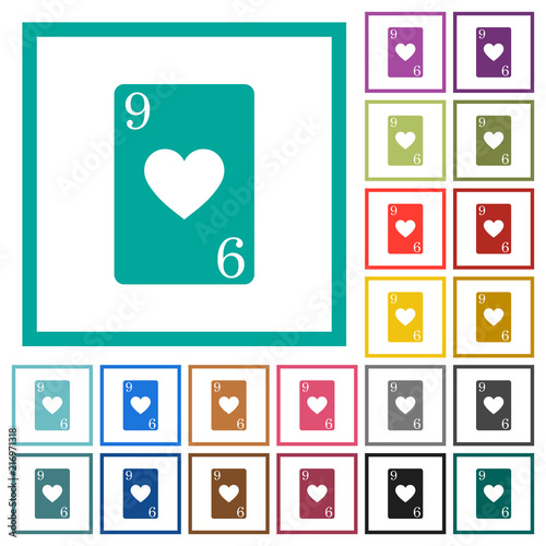Nine of hearts card flat color icons with quadrant frames