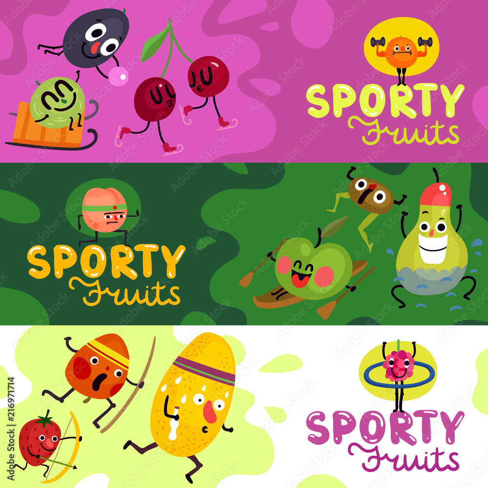 Cartoon Funny Fruits Banners Cartoon Funny Fruits Banners