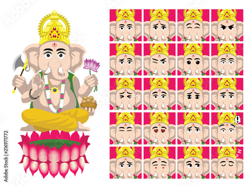 Hindu God Ganesha Cartoon Emotion faces Vector Illustration