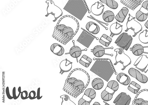 Background with wool items. Goods for hand made, knitting or tailor shop