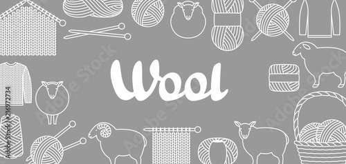 Background with wool items. Goods for hand made, knitting or tailor shop