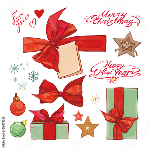 A Christmas set of drawn vector elements. Christmas greeting gifts, bows, artistic text, ink drawing.