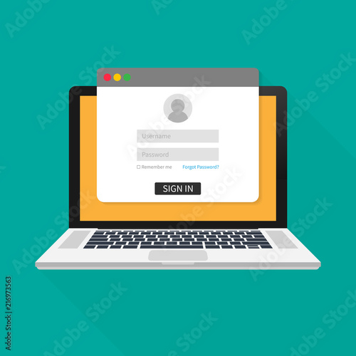 Login page on laptop screen. Notebook and online login form, sign in page. User profile, access to account concepts. Vector illustration.