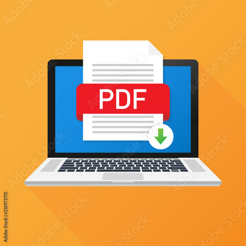 Download PDF button on laptop screen. Downloading document concept. File with PDF label and down arrow sign. Vector illustration.