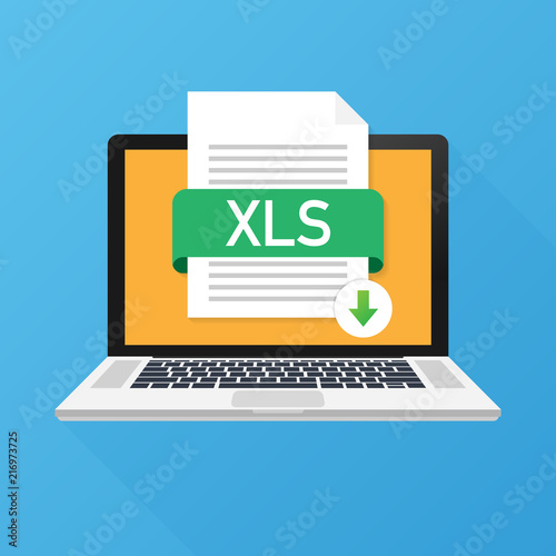 Download XLS button on laptop screen. Downloading document concept. File with XLS label and down arrow sign. Vector illustration.