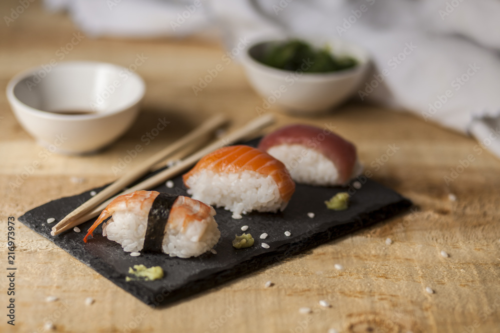 Rustic table sushi food Rustic table sushi food