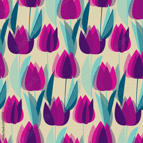 Modern abstract violet tulip flowers seamless pattern.