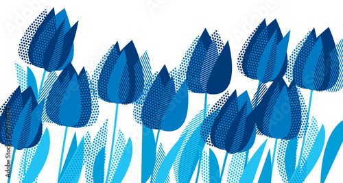 Graphic tulip flowers in monochrome blue color