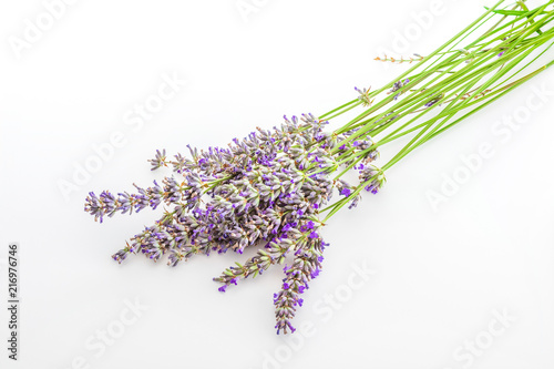 Bouquet of flowers and lavender seeds on white background, isolated.