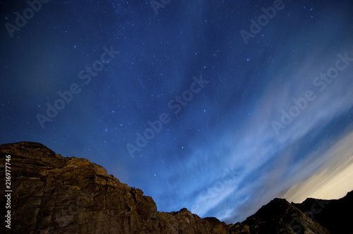 night view with stars and blue sky over the mountains