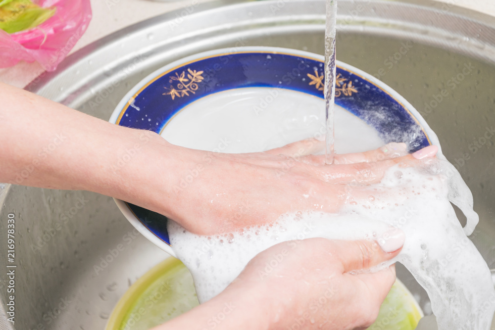 Fototapeta premium Female hands wash the plates. Homework in the kitchen. Creation of cleanliness and order.