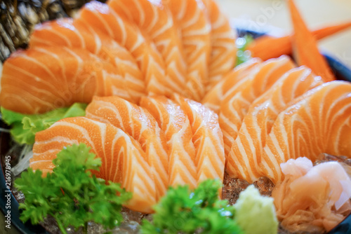 Closeup Slice raw Salmon Sashimi On Dish