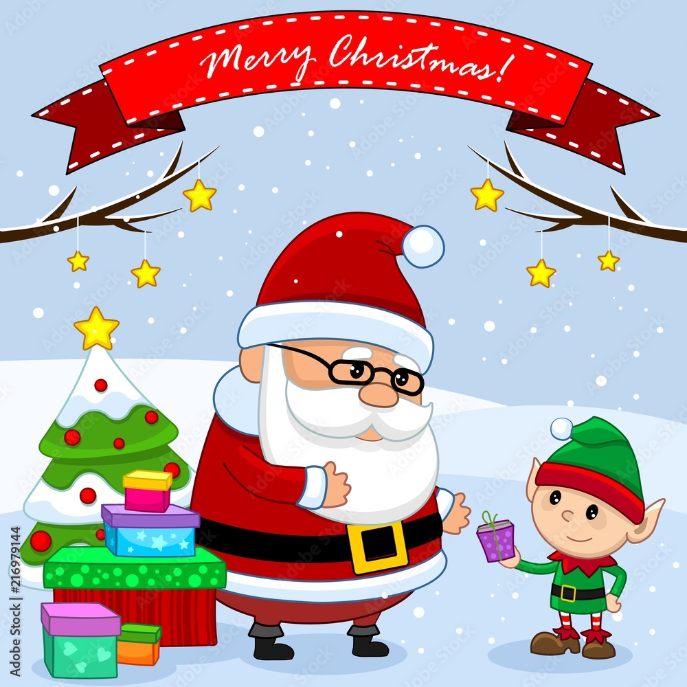 Illustration of a postcard with Santa Claus and an elf with a gift, a Christmas tree and an inscription of Merry Christmas.