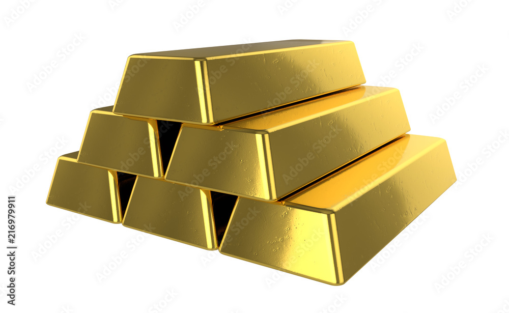 3D realistic render of pile golden bars. Isolated on white background.