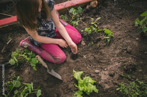 Girl sowing seeds in soil